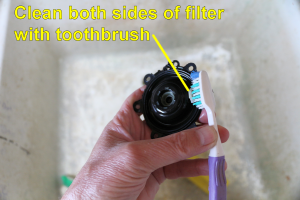 Clean two sided white plastic filter with a toothbrush.